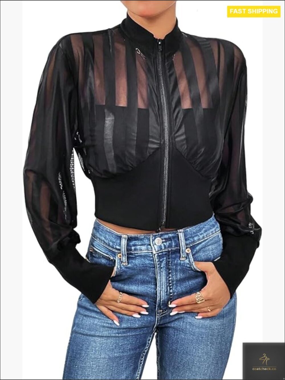 Contrast Mesh Zip Up Bomber Jacket Crop Long Sleeve Baseball Collar Outwear